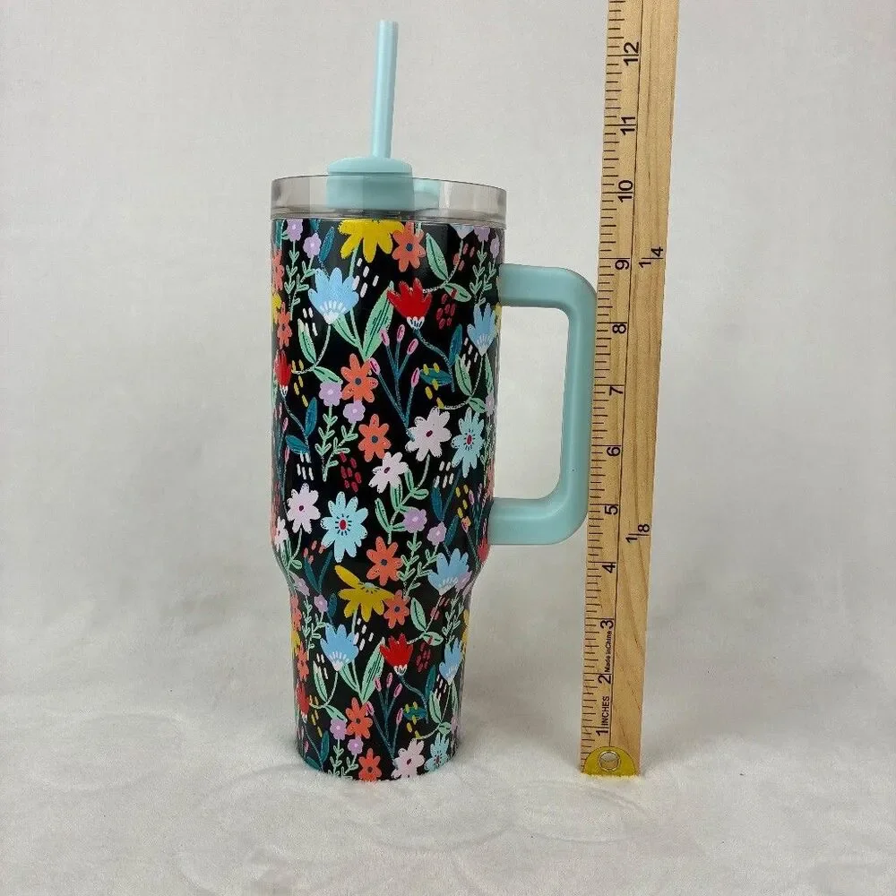 40oz Insulated Tumbler W/ Handle Lid Straw Blue Floral Wildflower Colorful